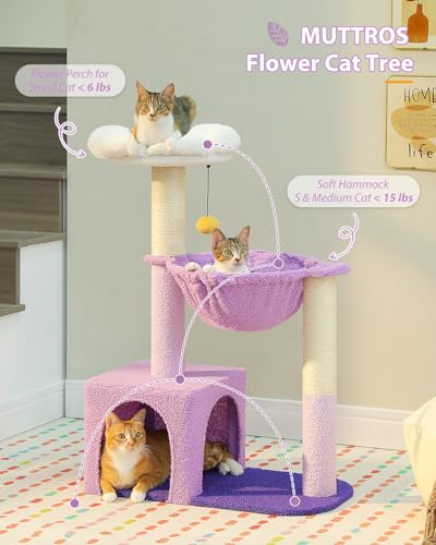 MUTTROS Purple Flower Cat Tree for Small Indoor Cats w/Large Metal Frame Hammock, 35" Cute Cat Tower with Sisal Scratching Posts, Cozy Condo with Cloud White Bed for Kittens - color: Purple, size: 35" Upgraded Flower Cat Tree