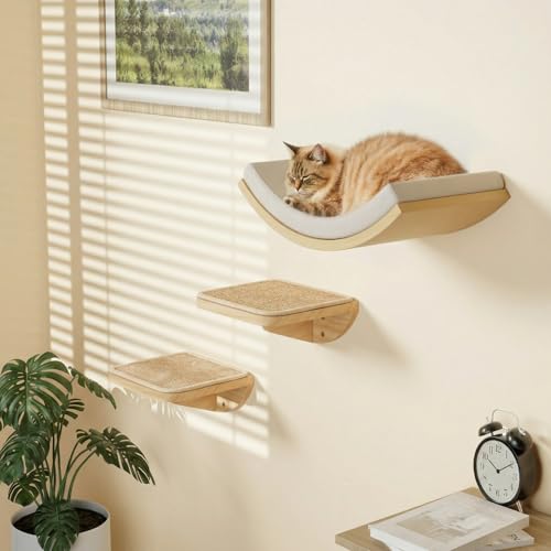 Cat Window Perches, Cat Wall Shelves with Curved Bed and 2 Sisal Mat Steps - color: Combo A (1 Foam-Mat Bed, 2 Steps)