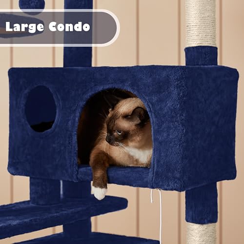 Yaheetech 54in Cat Tree Tower, 2 Caves, Kitten-Ear Perch & Scratching Posts - color: Navy Blue, size: 54in