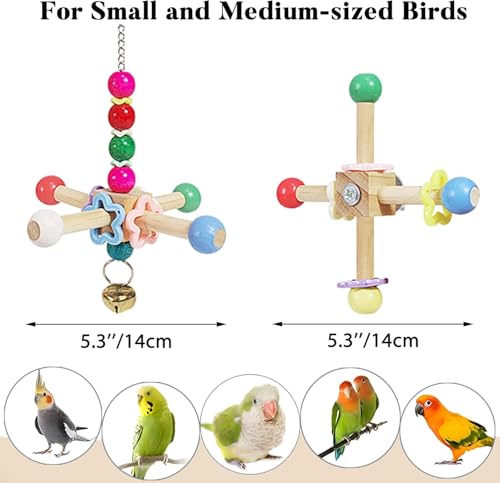 2pcs Bird Spinner Toys for Parrots with Bells for Cage, Natural Wood