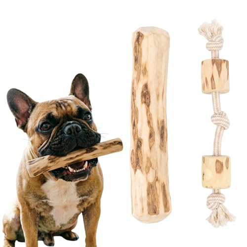 Natural Coffee Wood Dog Chew Toy Set, 1 Rope Knot Interactive Toy + 1 Coffee Wood Chew Stick, Heavy Duty Sturdy Durable, Healthy Teeth Cleaning Chew Toys for Medium Large Dogs