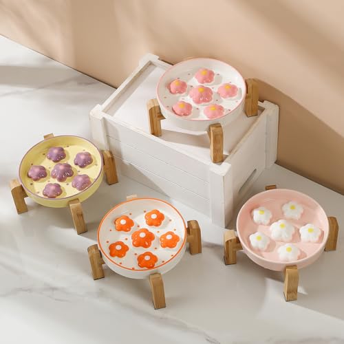 Elevated Ceramic Slow Feeder Cat Bowl with Anti-Slip Bamboo Stand - color: Light Purple
