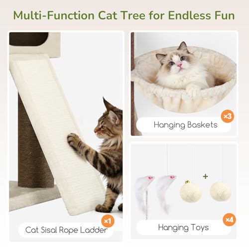 Globlazer 84" Multi-Level Large Cat Tree Tower with Extra Thick Full Sisal Scratching Posts, 2 Cat Condos, 3 Hanging Baskets, 2 Extra Large Platforms & Cat Scratching Ramp,S84, Beige - color: Beige, size: 84 Inch