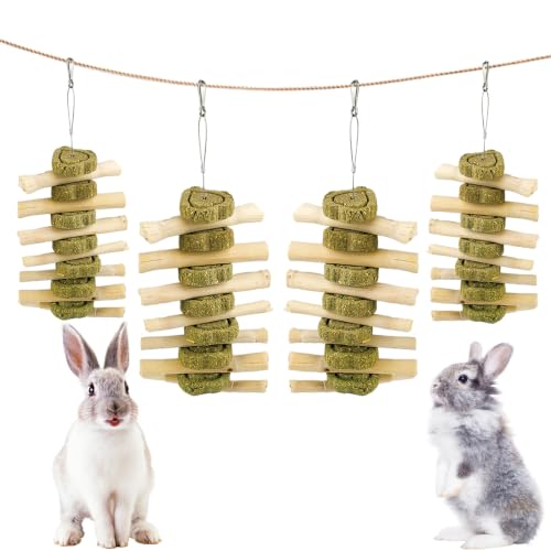 kathson Natural Bunny Toys for Rabbits,4 PCS Hanging Rabbit Chew Toys Treats with Timothy Hay Cakes & Sweet Bamboo Stick,Reduce Boredom,Keep Dental Health,Chewing Toys for Guinea Pigs Bunny Hamster - color: 【Style D】