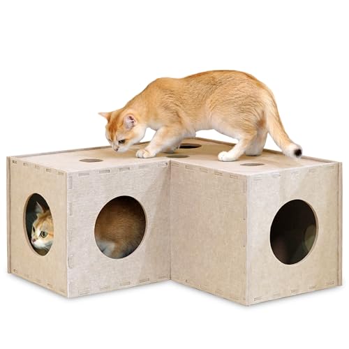 PETKARAY Cat Tunnel, Original Cat Hideaway Cave for Indoor Cats, Large Kitten Play Tubes and Tunnels, Soft Felt Cat Toy with Interactive Peek Hole, Beige L Shape - color: Beige, size: L-shape Tunnel