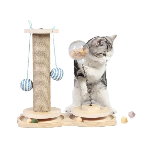 Marchul 4 in1 Interactive Cat Toy, Natural Sisal Cat Scratching Post with Hanging Balls, Cat Toys with Roller Track Ball by Wooden, Cat Food Feeder Toy with Treat Ball for Indoor Cats and Kittens