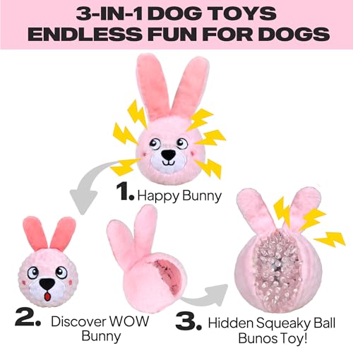 Fida Squeaky Dog Toys for Aggressive Chewers, 3 in 1, Tough Dog Ball - color: Pink Bunny