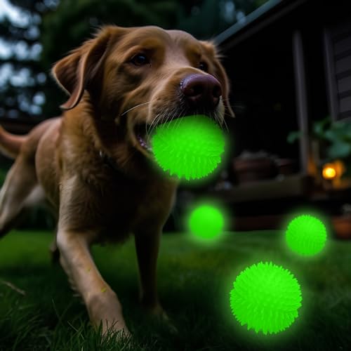 Silipull 4 Pcs 3.15 Inch Glow Dog Ball Spiky Squeaky Rubber Dog Toy