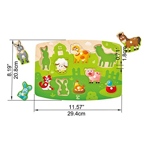 Hape Farmyard Peg Puzzle | 10 Piece Wooden Animal Peg Jigsaw Puzzle Game, Learning Toy for Toddlers, Multicolor, 5'' x 2'' - style: farm puzzle