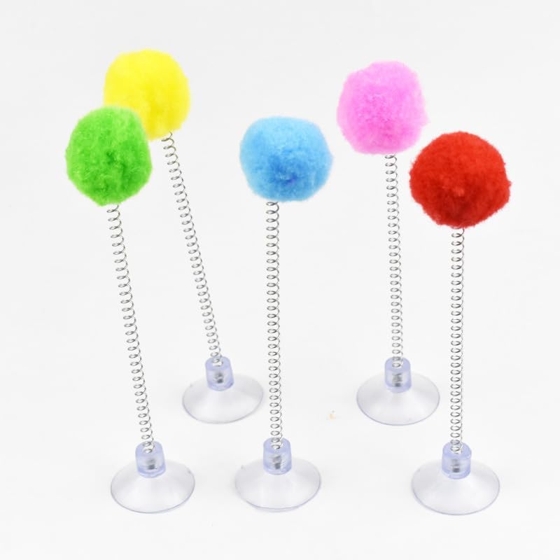 5pc Suction Swatter Cat Toy - 6 Inch with Spring and Plush Ball, Bouncing Cat Teaser for Indoor Kittens and Cats, Self-Play Exercise and Entertainment Pet Toy - Swatting Toy for Cats(Random Colors)