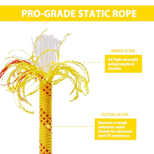Static Climbing Rope - 12mm High Strength Arborist Rope 65FT for Outdoor Rappelling, Swing, Rigging, Tree Work, Camping - Yellow - color: Yellow, size: 65FT