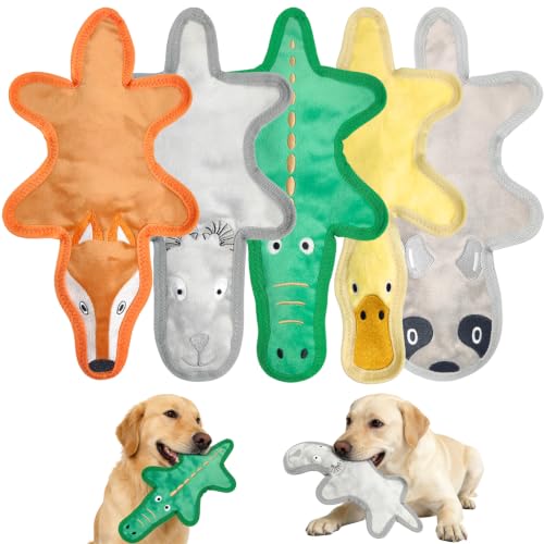 No Stuffing Dog Toys, Tough Durable Plush Chew Toy for Boredom and Teething, Squeaky Dog Toys for Small Medium Large Dogs to Keep Them Busy (5 Pack)