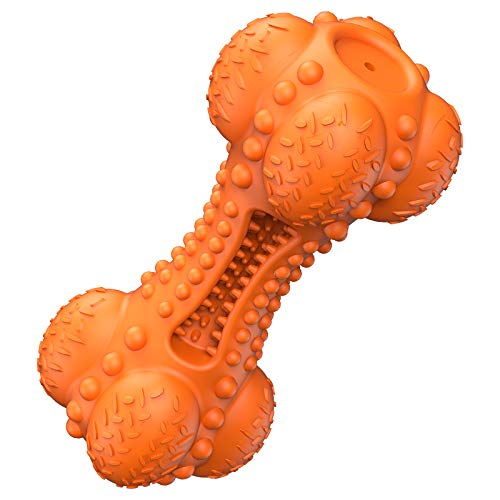 SCHITEC Squeaky Dog Chew Toy, Tough Durable Natural Rubber Bone with Toothbrush, Indestructible for Aggressive Chewers Large Medium Breed Teeth Cleaning - color: Orange