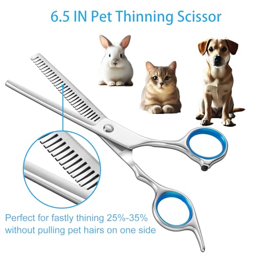 5 in 1 Upgraded Thicken Dog Grooming Scissors, Professional Dog Scissors for Grooming with Safety Round Tips, Lengnoyp Stainless Steel Thinning Shears, Pet Cat Shears for Grooming Kit