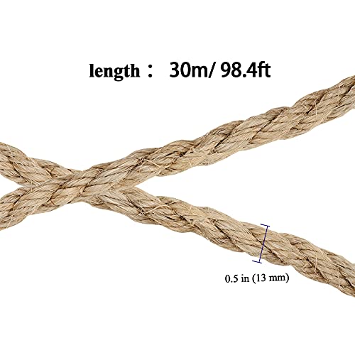 1/2 Inch Sisal Rope, 100 Feet Twisted Sisal Rope for Repairing, Recovering Cat Scratching Post, Bundling, Decoration, Wall hangings, tie Downs
