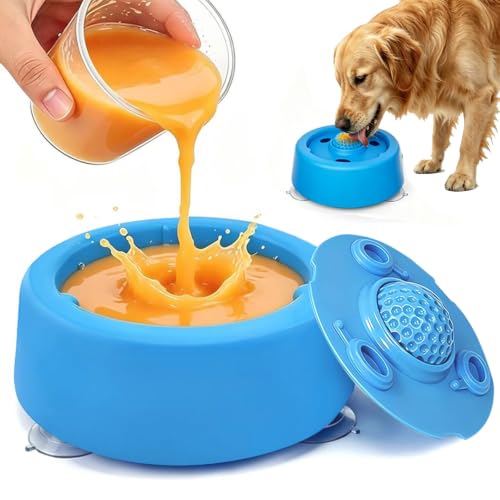Slow Feeder Dog Bowls for Liquid Treat Dog Lick Bowl with Enrichment Rolling Ball Toy for Bone Broth Yogurt and Liquid and Thick Treat with Suction Cup Base for Small Medium Large Dogs