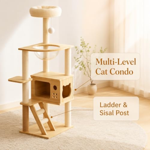 Wood Cat Tree Tower with Clear Bubble Window, Multi-Level Cat Condo with Scratching Posts, Ladder Top Perch Bed & Hanging Ball Toy, Indoor Activity Cat Furniture for Kittens Large Cats - color: （1）Natural+White + MDF