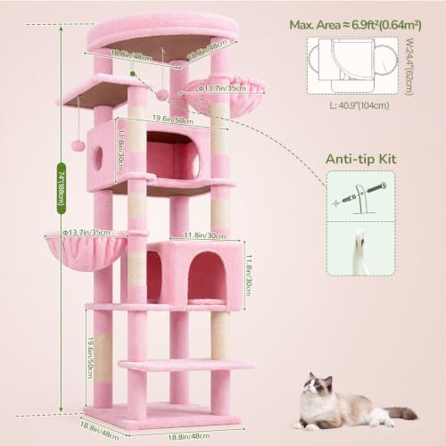 Globlazer 74in Pink Heavy Duty Cat Tree Tower for Indoor Large Cats, S74 - color: Pink