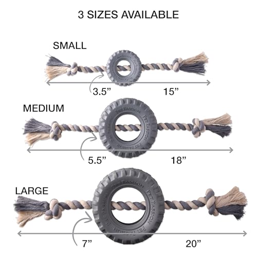 Pet Passion Natural Rubber Tire and Organic Cotton Rope Pull and Chew Dog Toy for All Pet Breeds, Gray, Large - color: Gray, size: Large