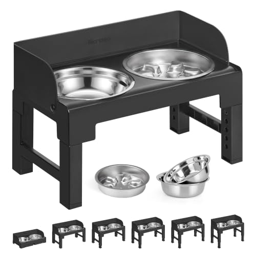 Feandrea Dog Bowls Elevated, Adjustable Height, Tilted Design - color: Ink Black, style: 1 Stainless Slow Bowl + 2 Stainless Basic Bowl