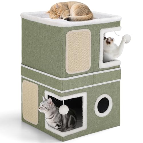Shikha 2 Story Cat House beds for Indoor Cats with Scratch Pads Green - color: Green, size: Double