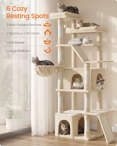 Feandrea Large Cat Tree, 72.6" Tall Sturdy Cat Tower for Indoor, Beige - color: Beige