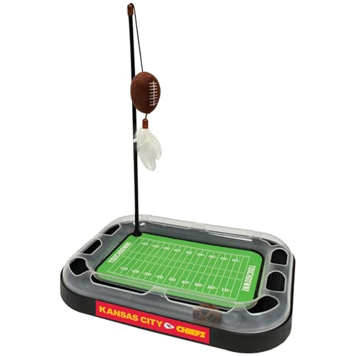 Pets First Cat Plush Toy KANSAS CITY CHIEFS FOOTBALL FIELD CAT SCRATCHER TOY with CATNIP Filled Plush FOOTBALL Toy & Feather Cat Toy hanging, Jingle Bell INTERACTIVE BALL Cat Chasing 5-in-1 KITTY Toy - color: Kansas City Chiefs, size: One Size