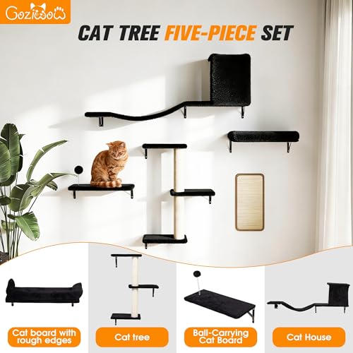 COZIWOW 5Pcs Wall Mount Cat Tree & Shelf Furniture for Large Cats, Black - color: Black