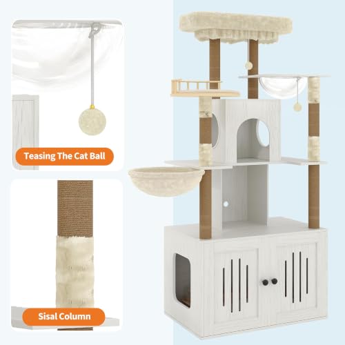 Cat Tree with Litter Box Enclosure, Multi-Level Cat Tower with Hidden Litter Box Furniture, Large Plush Top Perch, Sisal Scratching Posts, Cat Condo & Hammock for Indoor Cats, Living Room, Retro White - color: Retro White