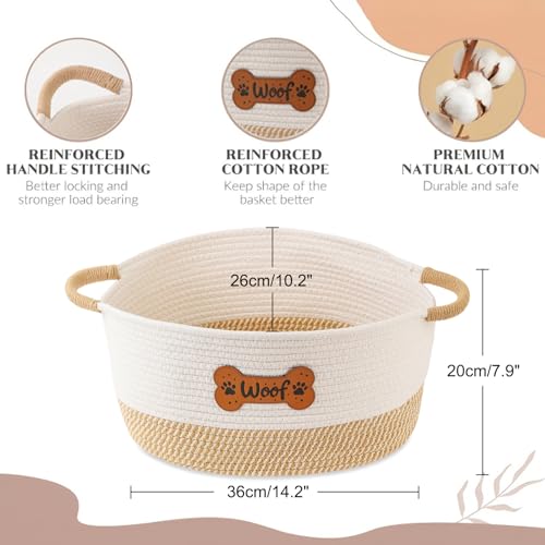 Dog Toy Basket, Dog Toy Box Organizer Baskets, Woven Cotton Rope Pet Puppy Dogs Toy Bin With Handle, Chew Toys Blankets Leashes Storage Baskets for All Pets - Puppies to Large 14" L x 10.2" W x H 7.9" - color: Yellow Woof