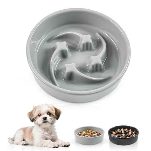 Ceramic Slow Feeder Dog Bowls,0.6 Cups Dog Food Dish for Small Breed - color: Grey-M