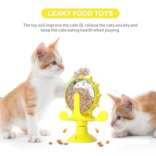 Cat Feeding Toy Rotating Windmill Treat Dispenser Interactive Pet Slow Food Toy with Food Leakage Hole Helps Slow Eating and .11 X 1.57 X 6.69 in - color: Yellow