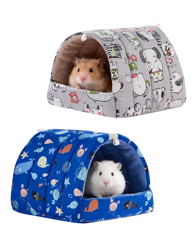 2 Pack Hamster Hideout Bed, Washable Small Animal House Bed Hamster House - color: Dark Blue+Gray, size: 6*6in