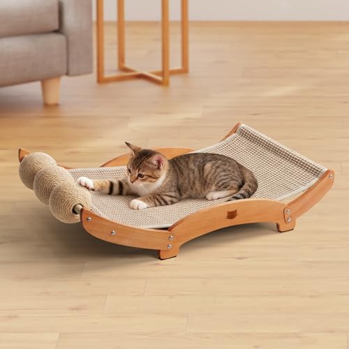 3 in 1 Sisal Cat Scratcher Bed, Solid Pine Cat Scratcher with Balls (Wood) - color: Wood, size: Large