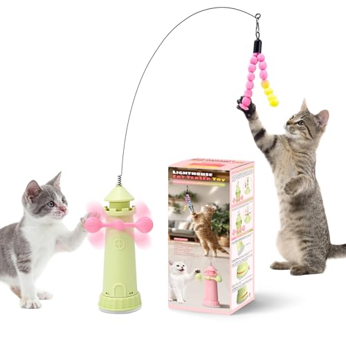 Interactive Cat Toys for Indoor Cats, Windmill Feather Cat Teaser Wand, Bouncy Kitten Toys with Strong Suction Cup Base for Bored Felines & Self-Played Enrichment Green - color: Green