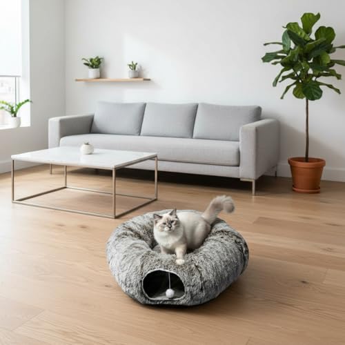 AUOON Plush Cat Tunnel Bed for Indoor Cats, 36" L x 36" W x 11.5" H, Brown - color: Brown