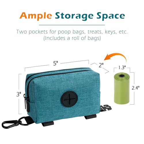 PetBonus Dog Poop Bag Holder, Portable Pet Waste Bag Dispenser, 2 Pouches for Treats and Walking Accessories, Fit All Leashes, Includes 1 Roll of Dog Poop Bags (Lagoon Blue) - color: Lagoon Blue