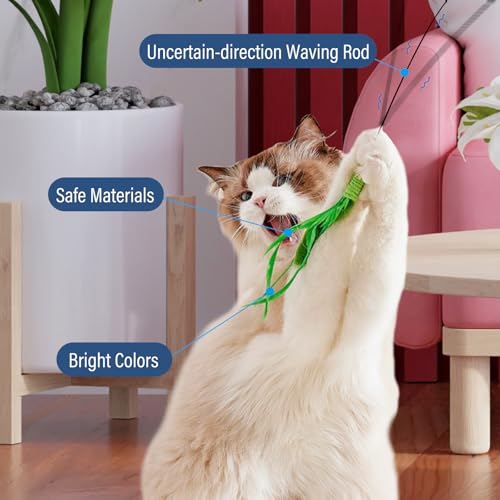 Andiker Cat Wand Toy, 3pcs Setaria Cats Feather Toy Refills with Bell and a 35.8'' Long Flexible Steel Wire Rod, Interactive Cat Toys for Indoor Cats Doing More Exercise and Enjoy Playtime