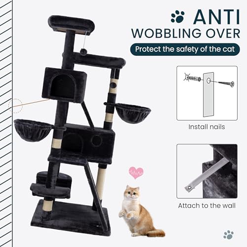 SHA CERLIN 65in Larger Cat Tree Tower Condo for Indoor Kitties/Multi-Level Furniture Activity Center with Wide Base/Cozy Plush Cat Perches/Baskets/Sisal Scratching Posts and Hammock/Dark Grey - color: Dark Grey