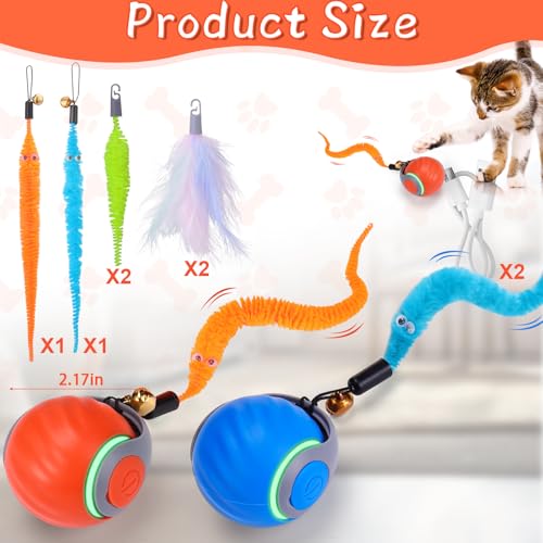 BABORUI 2Pack Interactive Cat Toy Ball - Automatic Interactive Cat Toys for Indoor Cats with 3 Tails, 2 Speeds Rechargeable Enrichment for Small/Medium/Large to Keep Them Busy - color: 2 Pack Blue+Orange