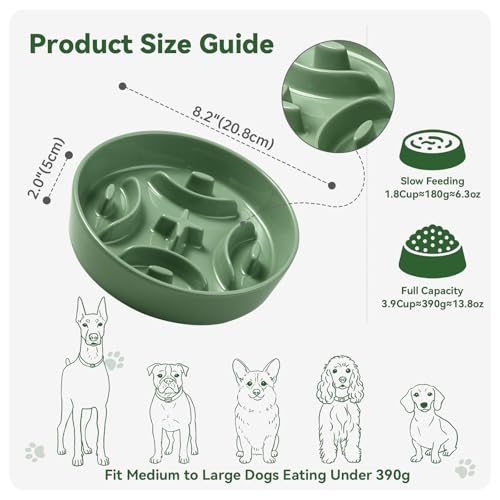 Ceramic Slow Feeder Dog Bowl, 1.8 Cups Anti -Slip Slow Feeding Bowl to Slow Down Eating, 8.2 Inch Dog Food Dish for Medium to Large Breeds, Green - color: Green, size: Medium without Stand