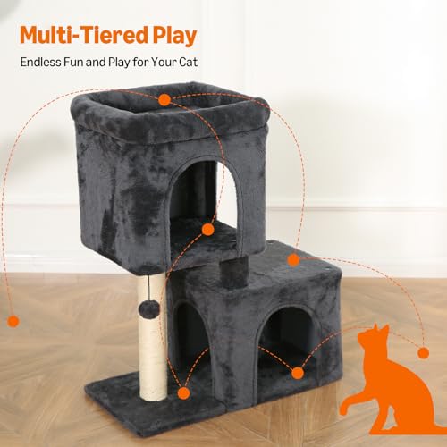 Amazon Basics 30-Inch Cat Tree Tower, Activity Center with 2 Plush Condos, Sisal Scratching Post and Hanging Pompom, Gray - size: 30 in