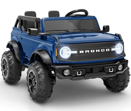 First Ride On 24V 2 Seater Ride on Toys for Big Kids, Licensed Ford Bronco Base Electric Car with Remote Control, Ride on Truck w/Seat Belts, 3 Speeds, Spring Suspension and Bluetooth (Blue) - color: Blue