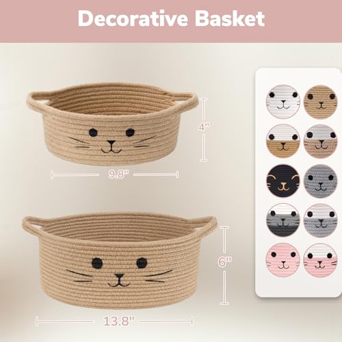 Small Woven Rope Cat Toy Basket with Cat Face Design, White Pink - color: White & Pink, size: 9.8"W x 4"H