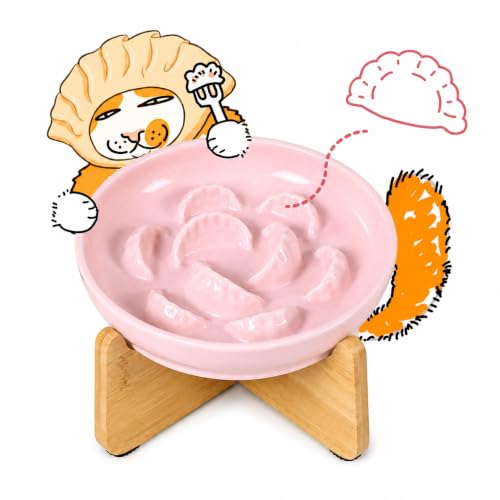 Elevated Slow Feeder Cat Bowl with Bamboo Stand, 6.3'' Ceramic Cat Food Bowl, Raised Whisker Friendly Cat Dish for Wet & Dry Food, Dishwasher Safe Anti-Slip Feeder for Cats & Small Dogs (Pink) - color: Pink with Stand