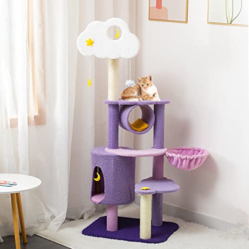 59 Inch Cloud Cat Tree for Indoor Large Cats, Cute Purple Pink Cat Tower - size: 59 Inch Cat Tree