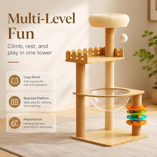 39.3" Modern Wood Cat Tree Tower for Indoor Cats, Multi-Level Cat Condo with Castle Perch, Acrylic Hammock, Sisal Scratching Posts & Toy, Cat Activity Tree for Small & Large Cats - color: Style F