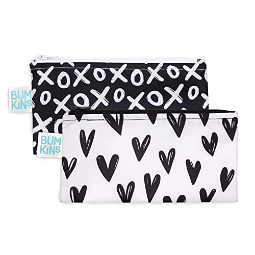 Bumkins Reusable Snack Bags, for Kids School Lunch and for Adults Portion, Washable Fabric, Waterproof Cloth Zip Bag, Supplies Travel Pouch, Food-Safe, 2-pk Hearts and XOXO - color: A1 XOXO & Hearts-Sm