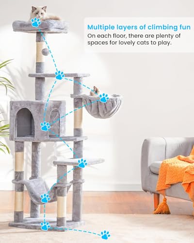 Hey-brother Cat Tree, Multi-Level Sisal Covered Scratching Posts, MPJ050W - color: Light Gray