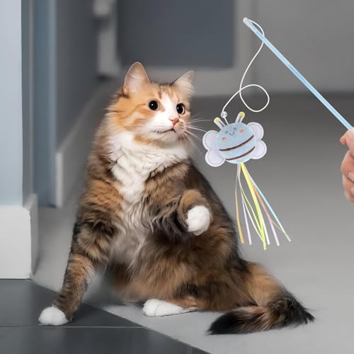 NOWFRESH Cat Wand Toy Set, 2 PCS Interactive Cat Teaser Wands with Cute Red Snake & Green Snake Designs, Equipped with Bells and Streamers to Captivate Your Cat’s Attention - color: red snake and green snake